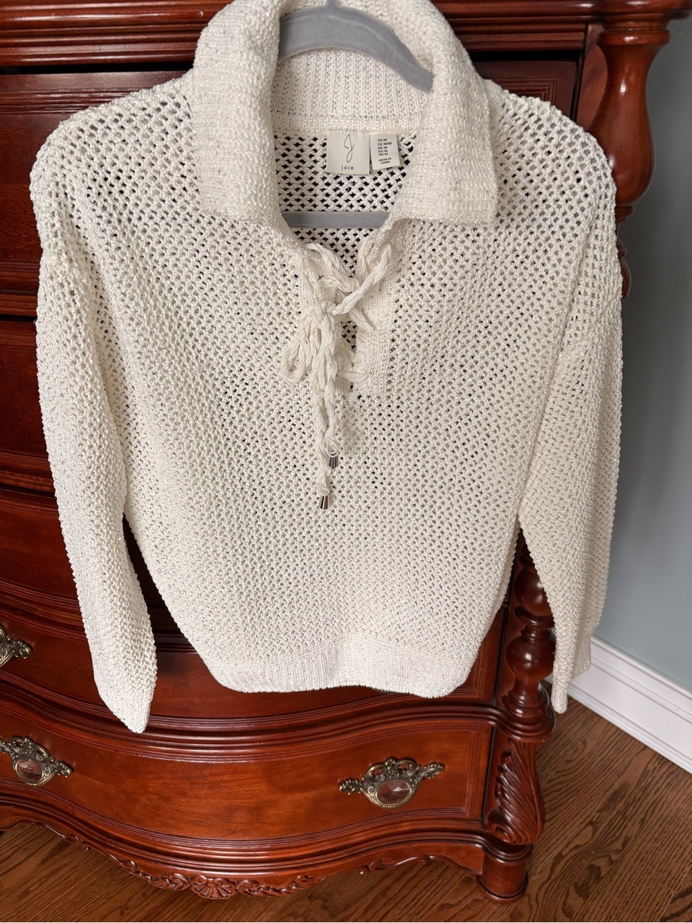 Joie Cream Open-Weave Lace-Up V-Neck Sweater with a Sparkle